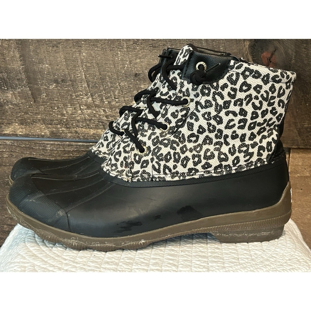 Sperry Saltwater Leopard Print Duck Rain Boots Women's 9.5 Black‎ STS86438